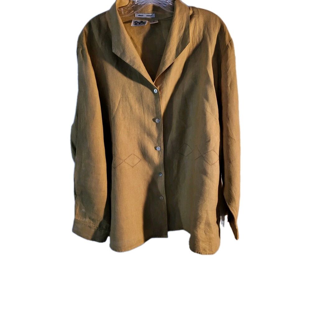 Edward Woman Linen Blouse Size 2X Button Up Blouse Brown Coastal